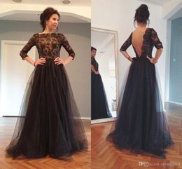 Black Backless Formal Evening Dresses Bateau A Line Open Back Tulle Mother Of Bride Dresses Beaded Lace Prom Dress with 3/4 Sleeves