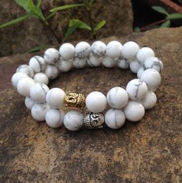 SN0381 10mm Natural White Turquoise bracelet gold buddha beaded bracelet buddhist mala yoga jewelry for man