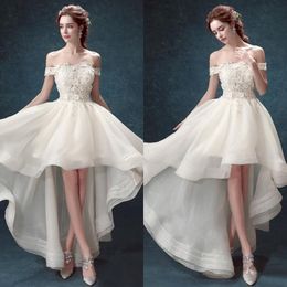 Modest 2016 New Arrivals High Low Wedding Dresses A-line Sexy Off Shoulder Lace Organza Beach Bridal Gowns Custom Made China EN6276