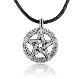 Antique Pentagram with Runes Pagan Wiccan Pentacle Pendant on Leather Necklace