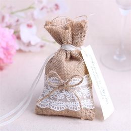 Wholesale- Wedding gifts for guests candy bag with DIY kraft tag/ burlap pouch/ Lace burlap sack/Rustic party Decorations Favours(16x9cm)