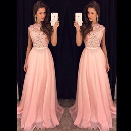 2016 Cheap Prom Dresses Jewel Neck Illusion Long Pink Chiffon Lace Appliques Sweep Train Sashes Plus Size Formal Evening Dress Party Gowns