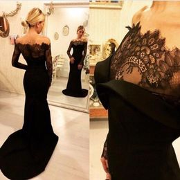 Sexy Black Mermaid Evening Dress Long Sleeve 2016 Arabic Off Shoulder Prom Gowns Formal Dresses Evening Wear Sweep Train