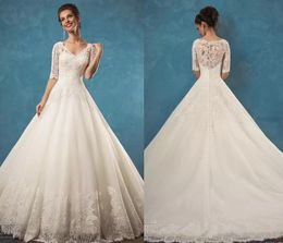 Half Long Sleeves Lace Wedding Dresses for Bride 2024 with Appliques V Neck Court Train Tullle Plus Size Bridal Gowns