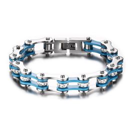 Men Fashion Stainless Steel Rhinestones Bangle Biker Bicycle Chains Cuff Racelet Bangles Trendy Jewelry Brace lace Blue/Silver