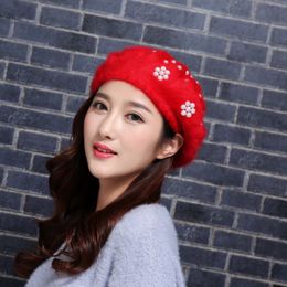 Autumn And Winter Fashion Women Pull Cap Pearl Hat Rabbit Fur Berets Grace Ladies Personality Caps Mix Colours