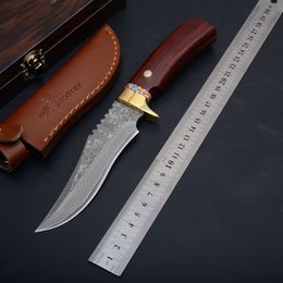 Classic Shootey M2 Damascus Fixed Blade Knife Wood Handle Tactical Camping Hunting Survival Pocket EDC Tools with Leather Case Gift Collection