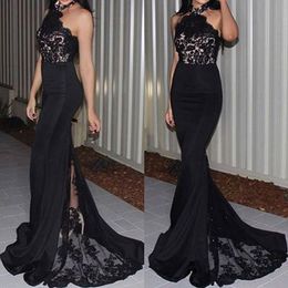 Sexy Black Evening Dress Halter Neck Sleeveless Vintage Lace Top Sleeveless Mermaid Prom Party Gowns Formal Wear Sheer Train Pageant