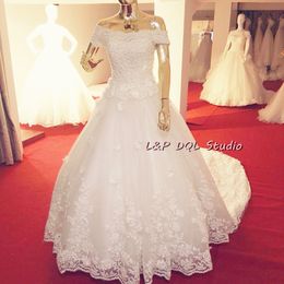 Luxury Lace Ball Gown Wedding Dresses Real Photos L&P DQL Studio Strapless Lace-up Back Cathedral Train Bridal Gowns with Beads Embroidery