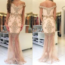 Sparkling 2017 Champagne Off The Shoulder Mermaid Prom Dresses Long Sexy Embroidery Bling Crystal Beaded Sheer Skirt Formal Party Gown EN824