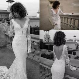 New Berta Lace Wedding Dress V Neck Long Sleeves Backless Mermaid Bridal Gown Sweep Train Wedding Dress Custom Made