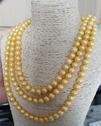 Triple Strands Beaded Necklaces 8-9mm South Sea Gold Pearl Necklace 18-20inch