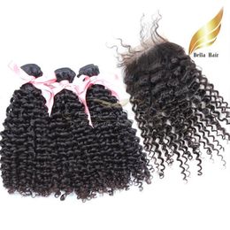 peruvian hair bundles with lace closure 4x4 kinky curly wavy human hair extensions natural Colour 4pcs lot bellahair