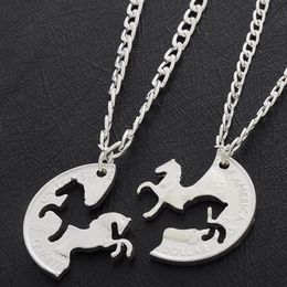 Wholesale- 2PC Running Horses Puzzle Coin Charm Animal Best Friend Couple Love Lovers Gifts Friendship Pendant Necklaces Women Men