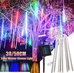 8PCS 30/50cm LED Strip Light Bulbs Shower Rain Lights Solar Powered Meteor Shower Waterproof Garden Light Lamp Decor