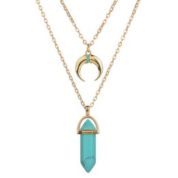 Fashion gold Plated Natural Stone Necklace Quartz Hexagonal Prism Chakra Healing Double-deck Multilayer Moon Necklace For Women