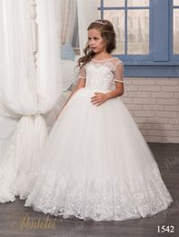 White Flower Girls Dresses with Short Sleeves 2021 Pentelei Beaded Crystals Appliques Tulle First Communion Gowns for Little Girls