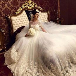 Arabic Luxury White Wedding Dresses Ivory Champagne Sheer Bateau Neckline Lace Appliques Tulle Bridal Gowns Custom Made High Quality