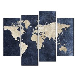 4 Panneaux Carte Bleue Drapeau Peinture Carte Du Monde Avec Mazarine Fond Image Imprimer Sur Toile Aucun Cadre Pour La Maison Moderne Décoration