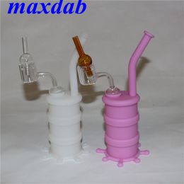 Glow in the dark silicone burrel oil rig water pipe glass bong hookah with double tube quartz nail and carb cap