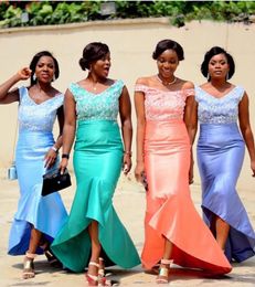 Colorful High Low African Wedding Maid Of Honor Gowns Lace Applique v Neck Mermaid Plus Size Bridesmaid Dresses Cheap Formal Party Dresses