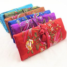 jewellery roll pouch Canada - Embroidery flower Birds Silk Fabric Jewellery Roll Up Travel Storage Bag Portable Large Cosmetic Bag Women Drawstring Makeup Pouch 5pcs lot