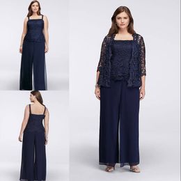 Hot Sale Lace Mother Of The Bride Pant Suits With Jackets Wedding Guest Dress Plus Size Dark Navy Mothers Groom Dresses