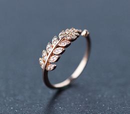 silver crystal rings NZ - 925 Sterling Silver Plate Ring Open Rose Gold Plated Crystal Rings Size Ajustable Leaf CZ Cubic Zircon Ring for Women Wedding