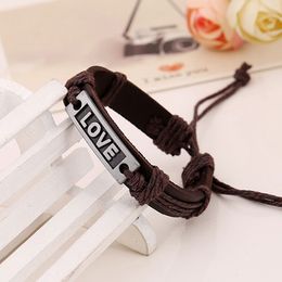 Fashion Brown Leather Rope Braided Handmade LOVE Charm Bracelets Jewerly Punk Bangle For Women Men Unisex