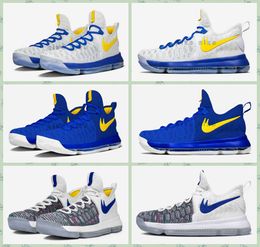 2016 Kevin Durant 9 Basketballschuhe Herren KD 9 Schuhe Warriors Away Weiß Blau Gold Startseite Blaue Gelb Atheletische Stiefel Traners Schuhe