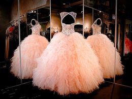 New Cheap Peach Quinceanera Dresses Ball Gown Jewel Neck Crystal Beaded Tulle Ruffles Long Sweet 16 Formal Party Dress Prom Evening Gowns