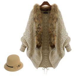 Fashion Women Sweaters Winter Fur Collar Long Coat Knitted Cape Sweater Coats Long Sleeve batwing Cardigan Outwear Ladies Clothes DHL Free