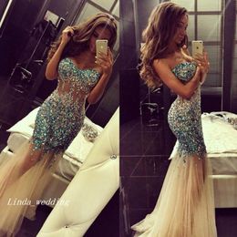 2019 Sparkly Long Prom Dress Luxury Sexy Sheer Crystals Beaded Tulle Evening Party Gown Plus Size vestidos de festa