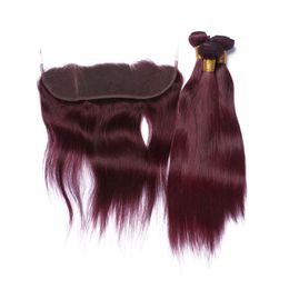 Straight #99J Wine Red Brazilian Human Hair Weaves with Lace Frontal 4Pcs Lot Burgundy 3Bundles with 13x4 Full Lace Frontal Closure