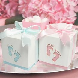 Free Shipping 12PCS Pterry Feet Cut-Out Candy Boxes with Satin Ribbon for Baby Shower 1ST Birthday Party Favour Boxes