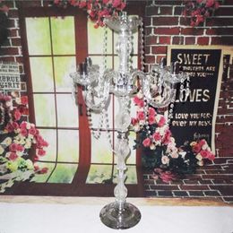 New arrival 90cm height Acrylic 5-arms metal candelabras with crystal pendants wedding candle holder centerpiece