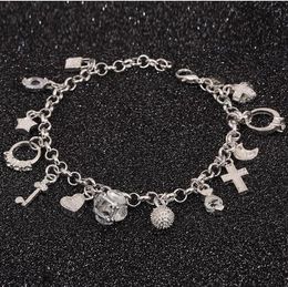 Cross Star Bracelet 925 Silver Plated Jewellery Star Key Moon Heart Cross Bracelet Lovely Bracelet Vintage Bangle Jewellery