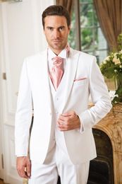 Nuovo arrivo Custom Made White Smoking Slim Fit Mens Abiti da sposa One Button Groom Wear Tre pezzi Suit formale (Jacket + Pants + Vest)