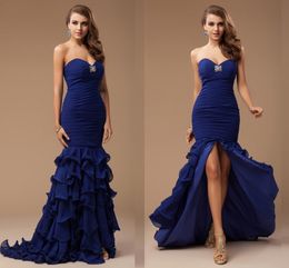 Navy Blue Sweetheart Ruffles Evening Gowns Crystals Beaded Front Split Chiffon Tiered Prom Dresses Floor Length Backless Formal Party Dress