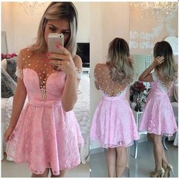 light pink lace homecoming dresses UK - Chic Light Pink Short Homecoming Dresses 2017 Short Sleeves Illusion Back Lace Mini Party Prom Dress Junior 8th Grade Graduation Dress Cheap