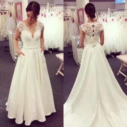 2017 Modest Lace Top Satin Skirt Wedding Dresses Elegant V Neck Beaded Sash With Pockets Bridal Gowns Custom Made China EN8224