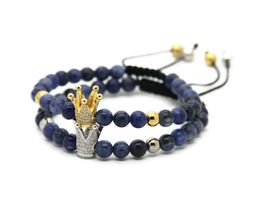 Wholesale 10pcs Fashion 6mm Natural Blue Veins Stone Beads Gold and Platinum Crown Braided CZ Bracelet