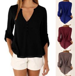 New Fashion Casual Sexy Deep V Neck Button Slim Waist Long Sleeves Chiffon Blouse Shirt Top