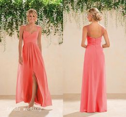 2019 Coral Country Bridesmaid Dress Chiffon Side Slit Backles Women Wear Formal Maid of Honor Dress Wedding Party Gown Prom Evening Dress