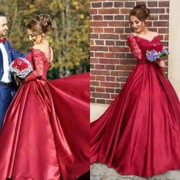 2017 Red Lace Sheer Off The Shoulder Long Sleeve Wedding Dresses Elegant Elastic Silk Like Satin Arabic Dubai Bridal Gowns EN8237