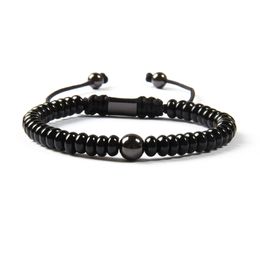 Wholesale Black Jewellery New Arrival Natural Flat Black Onyx Stone With 8mm Brass Beads Macrame Bracelet For Men