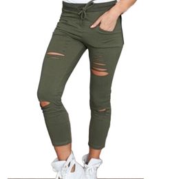 Wholesale- Womens Ripped Skinny Denim Jeans Cut High Waisted Jegging Trousers Skinny High Waist Stretch Ripped Slim Pencil Pants W09