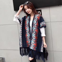 2017 New Ethnic Women Boho Tassel Poncho Blanket Wrap Shawl Autumn Winter Warm Loose Knitted Plaid Cardigans