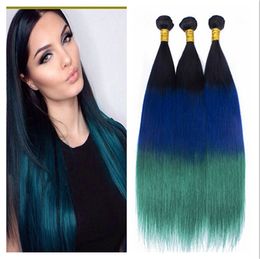 #1B Blue Teal Ombre Brazilian Hair Weave Dark Roots Three Tone Colored Human Hair Extensions Straight Virgin Ombre Hair Bundles 3Pcs Lot