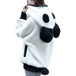 Panda Hoodies Women Outwear Fluffy Cute Sweatshirt Zipper Warm Women Hoodie Jacket with Ear Lovely Funny Winter Coats Fleece Plus Size
